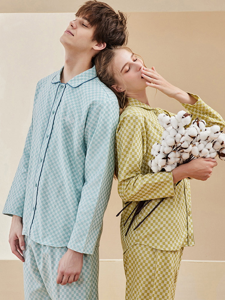 Woven Yarn-dyed Checkerboard Couple Cotton Comfortable Pajama Sets