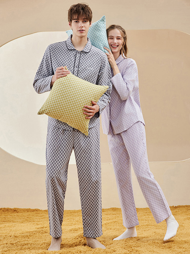 Woven Yarn-dyed Checkerboard Couple Cotton Comfortable Pajama Sets