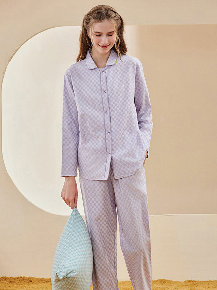 Woven Yarn-dyed Checkerboard Couple Cotton Comfortable Pajama Sets