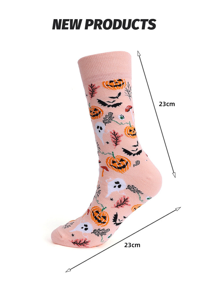 4 Pairs Pumpkin Personality Skeleton Cartoon Trendy Cotton Crew Socks