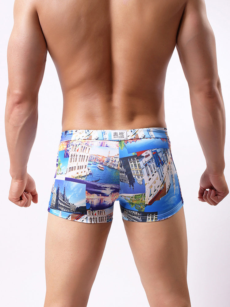 Men's Printed Skinny Swim Trunks With Drawstring