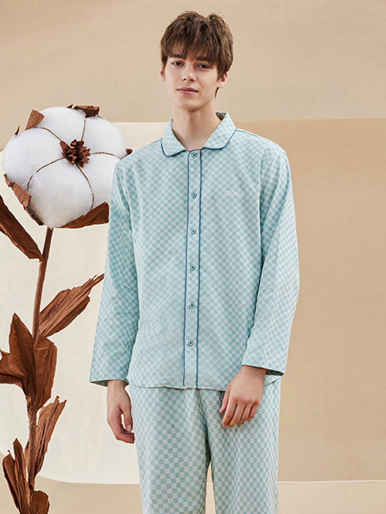 Woven Yarn-dyed Checkerboard Couple Cotton Comfortable Pajama Sets