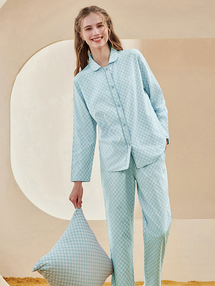 Woven Yarn-dyed Checkerboard Couple Cotton Comfortable Pajama Sets
