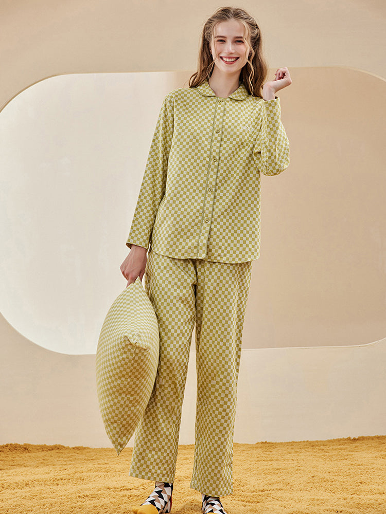Woven Yarn-dyed Checkerboard Couple Cotton Comfortable Pajama Sets