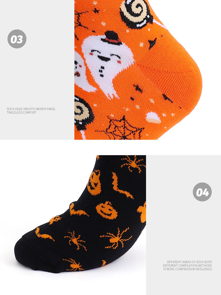 4 Pairs Pumpkin Personality Skeleton Cartoon Trendy Cotton Crew Socks
