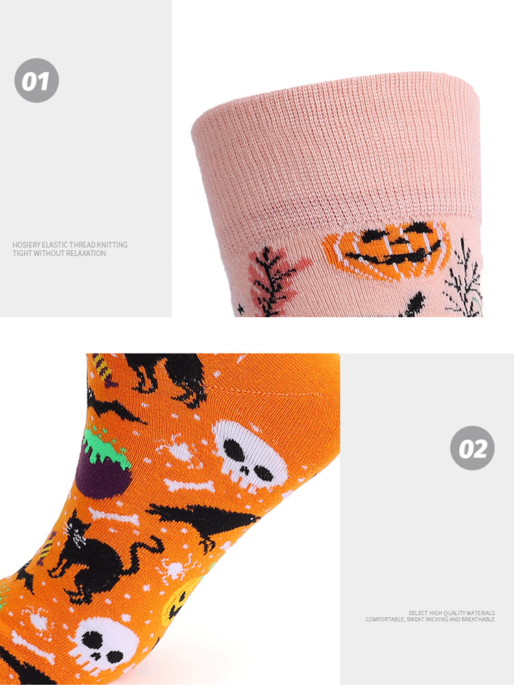4 Pairs Pumpkin Personality Skeleton Cartoon Trendy Cotton Crew Socks