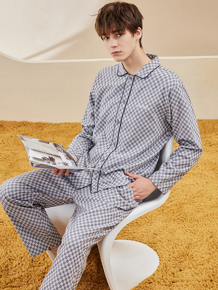 Woven Yarn-dyed Checkerboard Couple Cotton Comfortable Pajama Sets