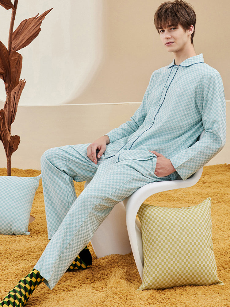 Woven Yarn-dyed Checkerboard Couple Cotton Comfortable Pajama Sets
