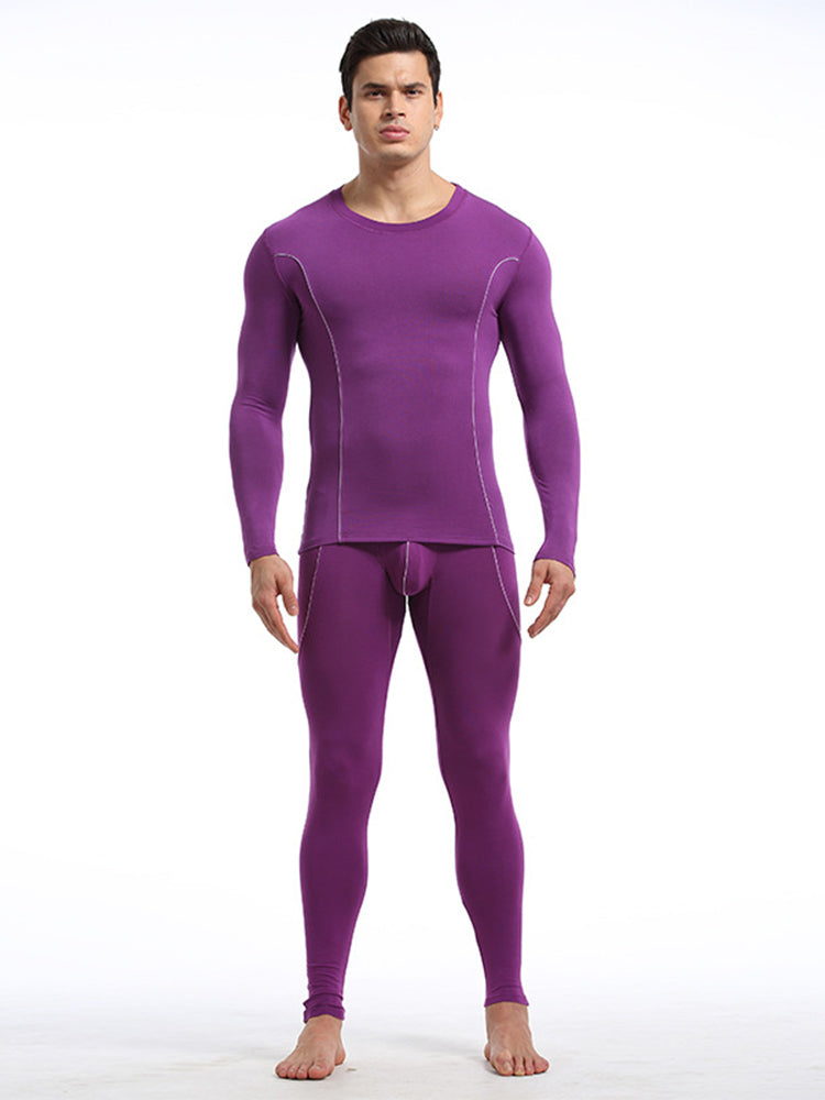 Men's Round Neck Solid Color Bamboo Fiber Thermal Underwear Set
