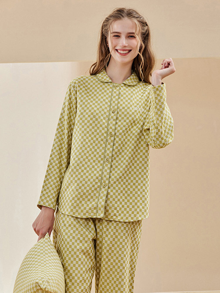 Woven Yarn-dyed Checkerboard Couple Cotton Comfortable Pajama Sets