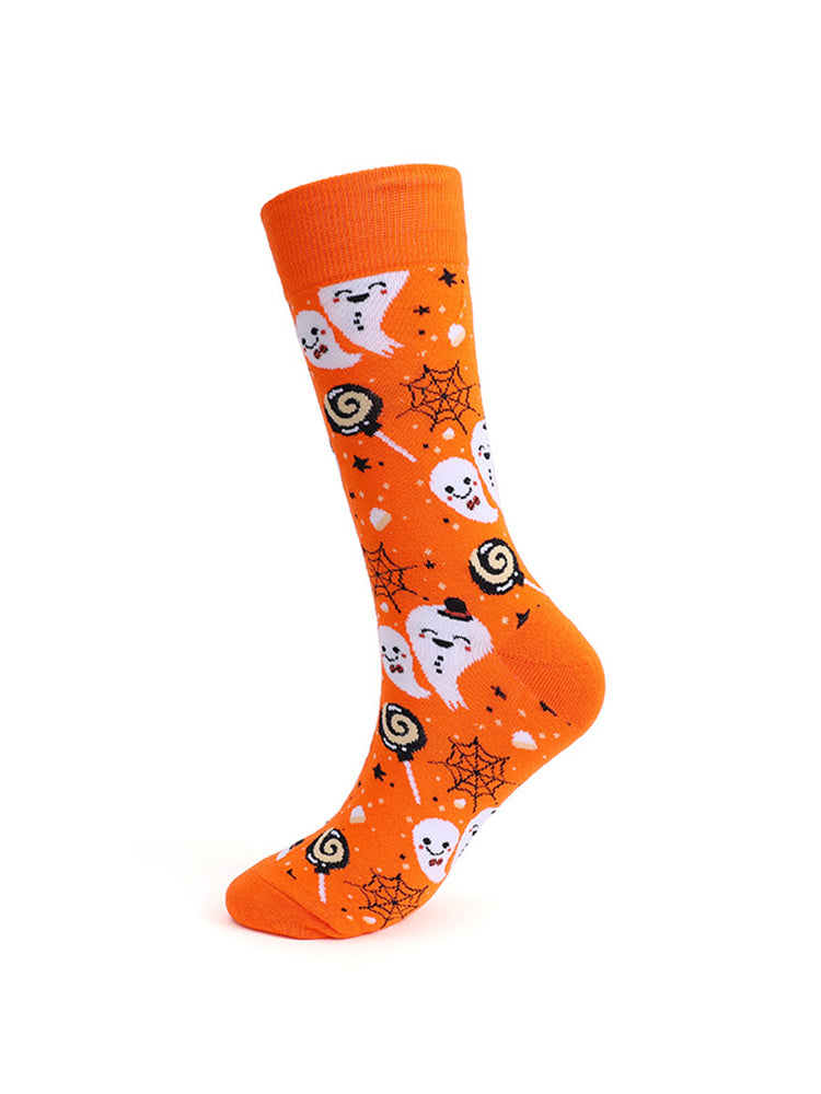 4 Pairs Pumpkin Personality Skeleton Cartoon Trendy Cotton Crew Socks
