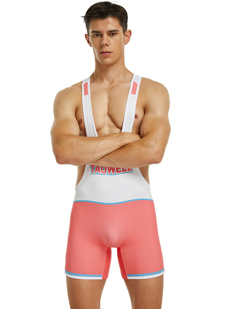 Men's Spliced Color Wrestling Singlet Bodysuit