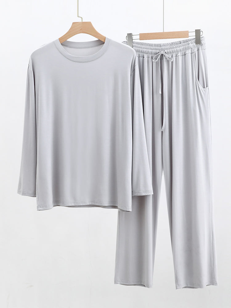 Modal Men's Long Sleeve Long Pants Pajamas | Deep Pocket Thin Plus Size Soft Breathable Loungewear