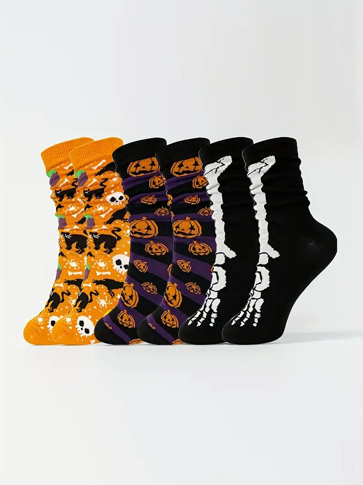 5 Pack Skull Pumpkin Cartoon Print Casual Crew Socks