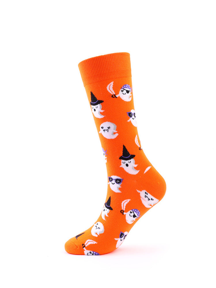 4 Pairs Pumpkin Personality Skeleton Cartoon Trendy Cotton Crew Socks
