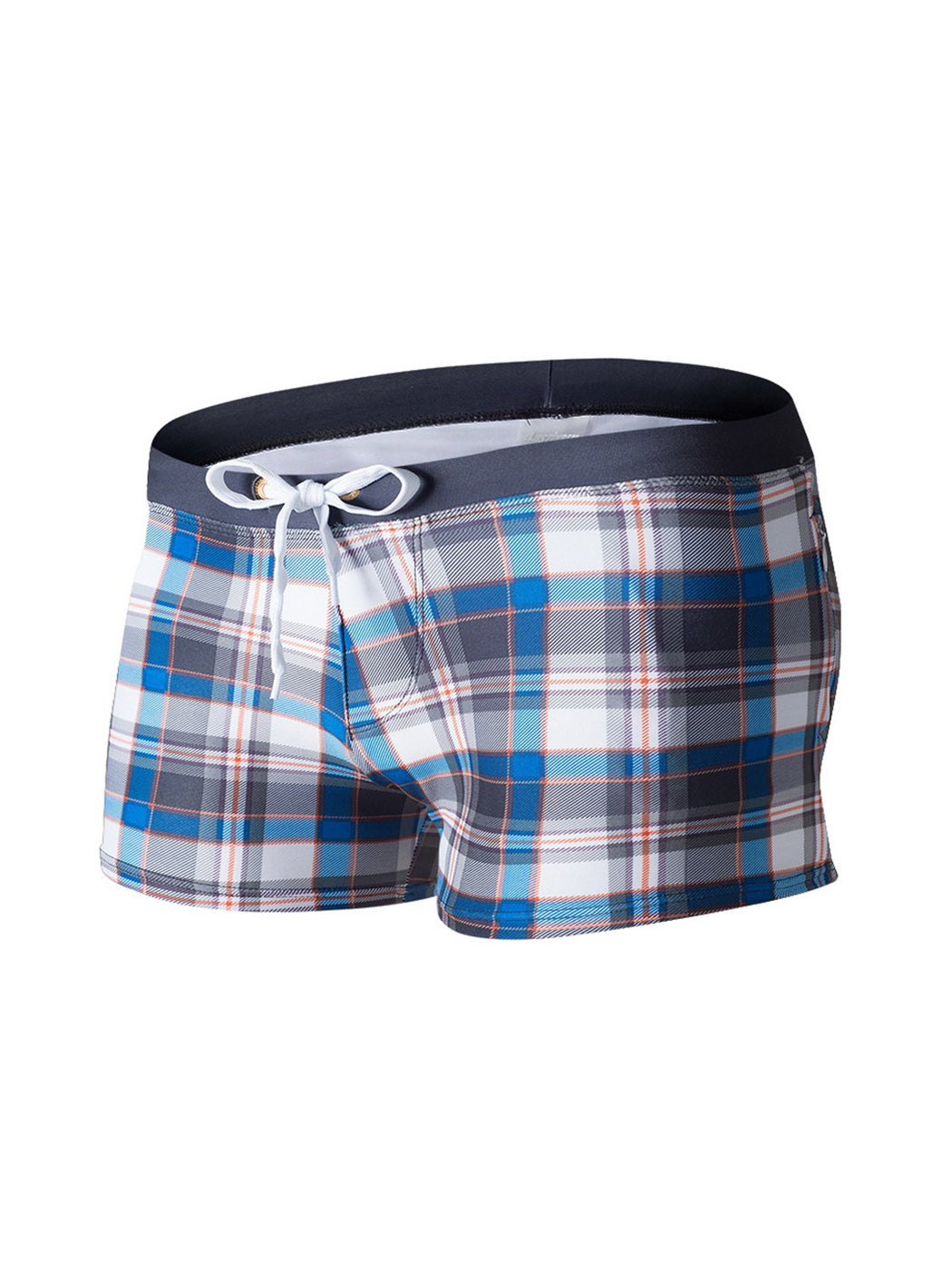 Men's Drawstring Plaid Swim Shorts With Pockets