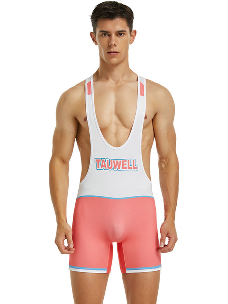 Men's Spliced Color Wrestling Singlet Bodysuit