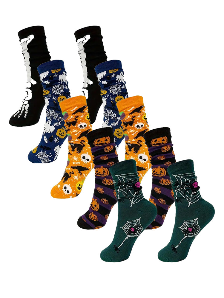 5 Pack Skull Pumpkin Cartoon Print Casual Crew Socks