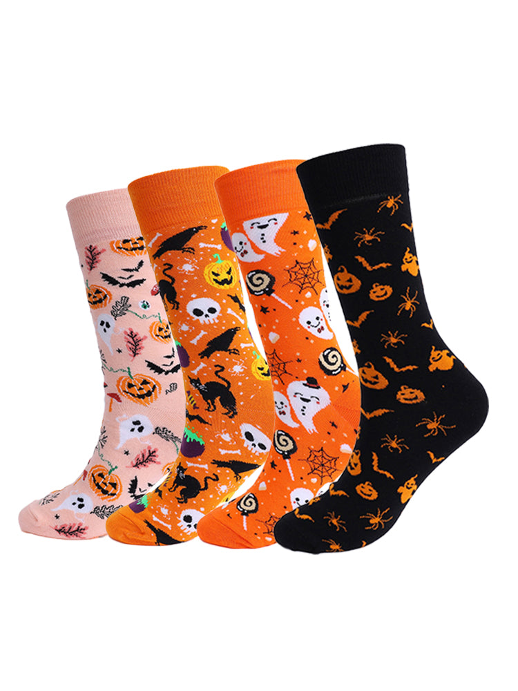 4 Pairs Pumpkin Personality Skeleton Cartoon Trendy Cotton Crew Socks