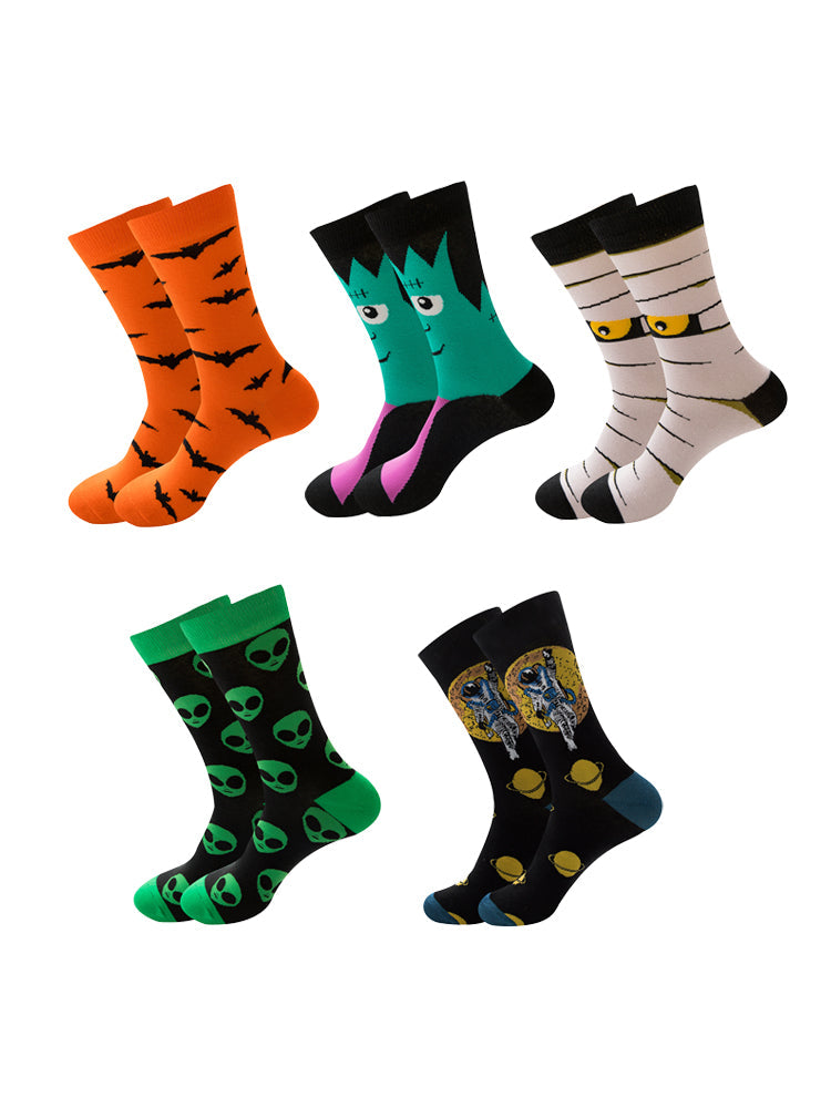 5 Pairs Halloween Skeleton. Alien. Pumpkin Monster Crew Socks