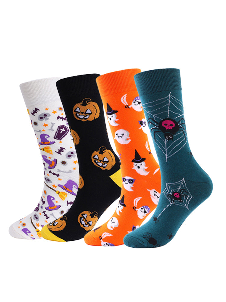 4 Pairs Pumpkin Personality Skeleton Cartoon Trendy Cotton Crew Socks