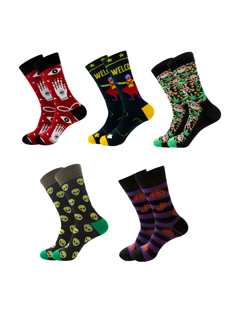 5 Pairs Halloween Skeleton. Alien. Pumpkin Monster Crew Socks