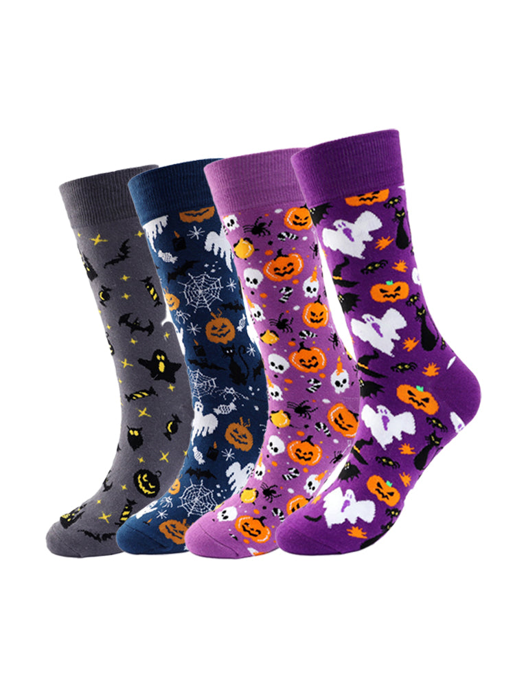 4 Pairs Pumpkin Personality Skeleton Cartoon Trendy Cotton Crew Socks