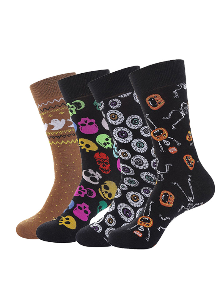 4 Pairs Pumpkin Personality Skeleton Cartoon Trendy Cotton Crew Socks