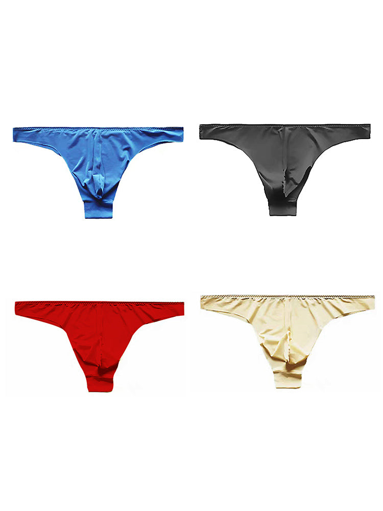4 Pack Men's Seamless Ice Silk Sports Sexy Solid Color Thong & Strings
