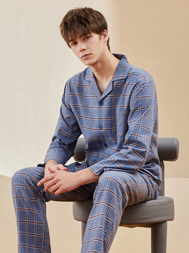 Men's Long Sleeve Woven Brushed Cotton Pajama Set