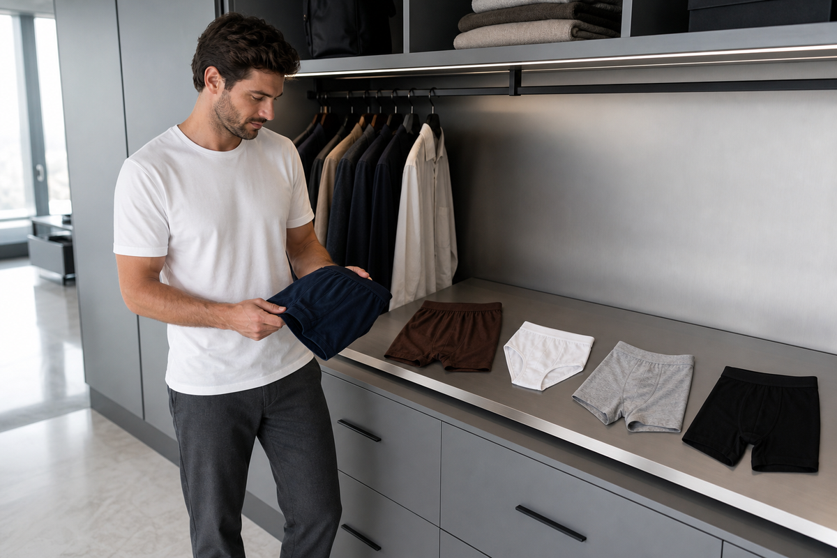 Man examining boxer briefs to compare fit and construction