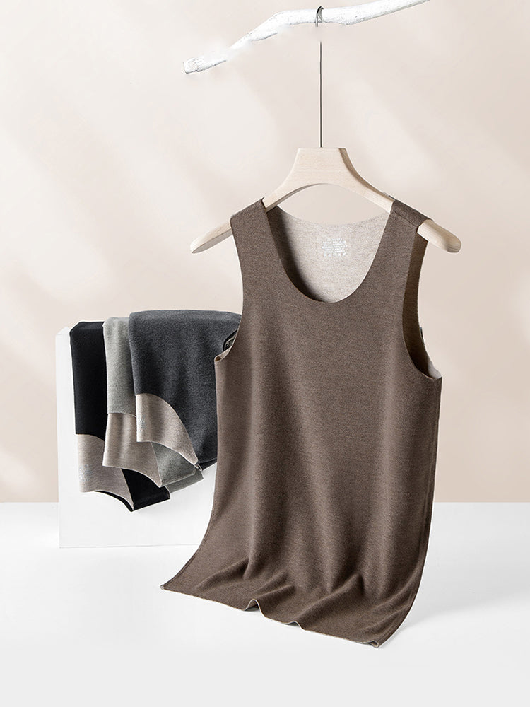 Men's Thermal Silk-Wool Sleeveless Vest - Solid Color Seamless Base Layer
