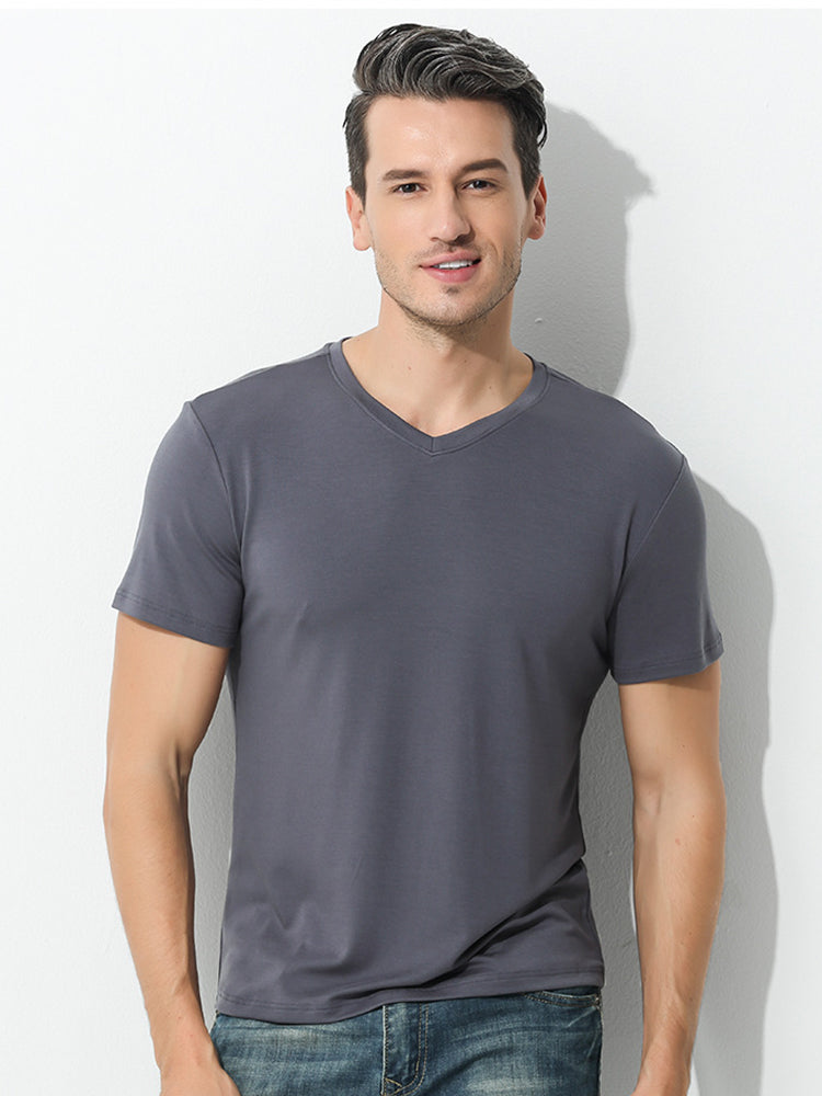 60S Double-Sided Modal Fashion V-neck Men's Solid Color Short-Sleeved T-shirt