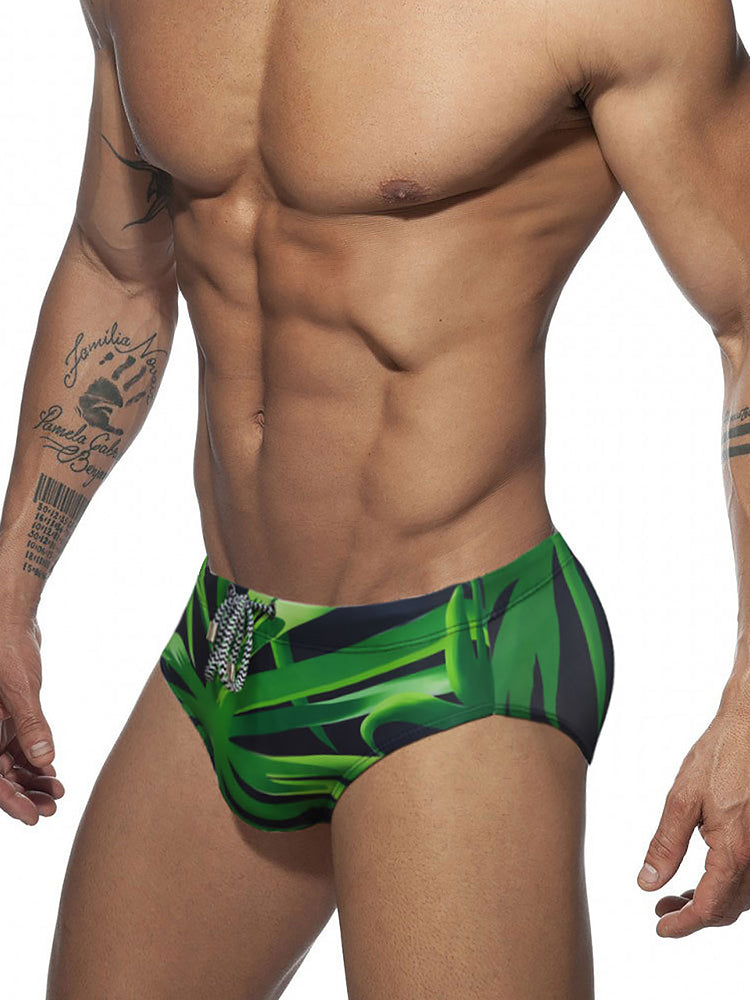 Men's Green Leaf Print Beach Bikini