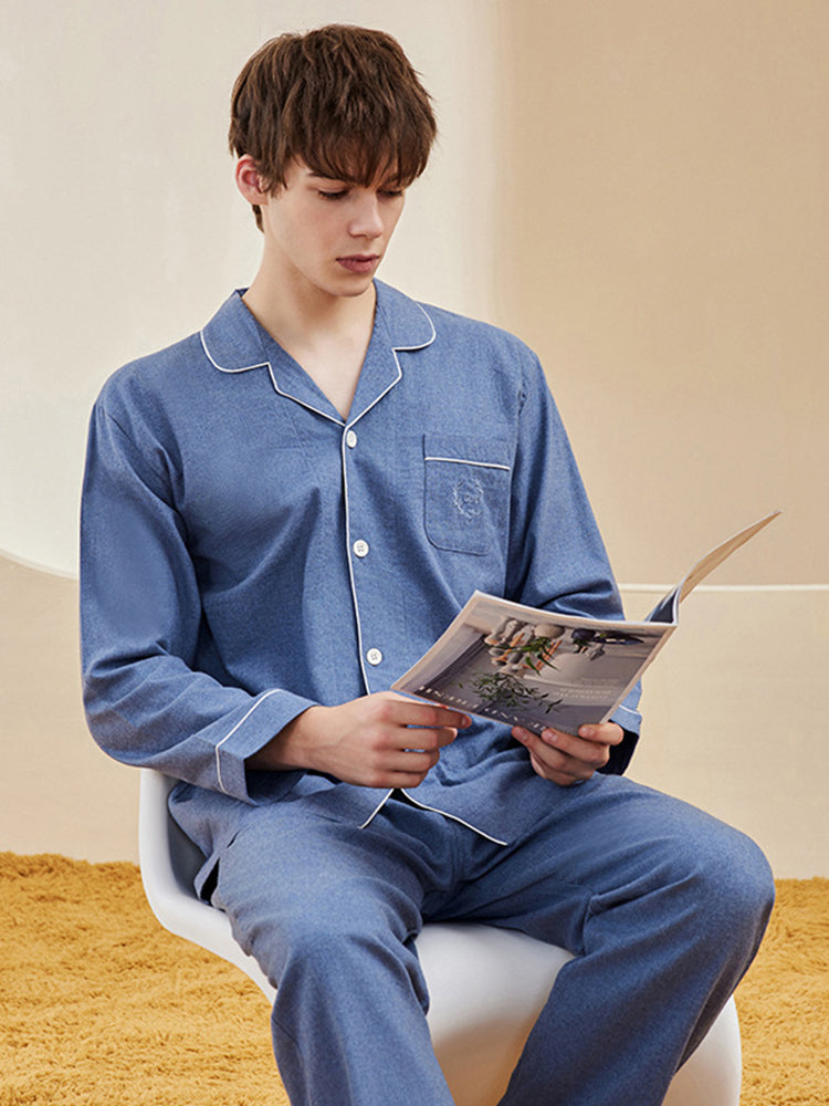 Men's Long Sleeve Woven Brushed Cotton Pajama Set