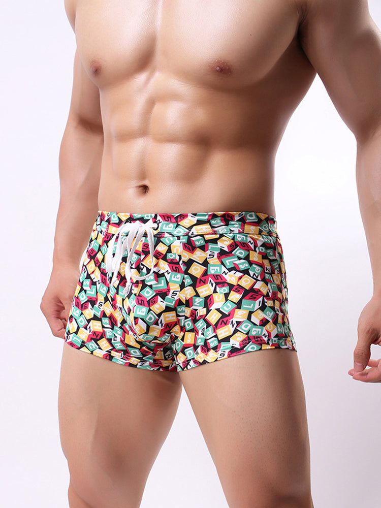 Men's Printed Skinny Swim Trunks With Drawstring