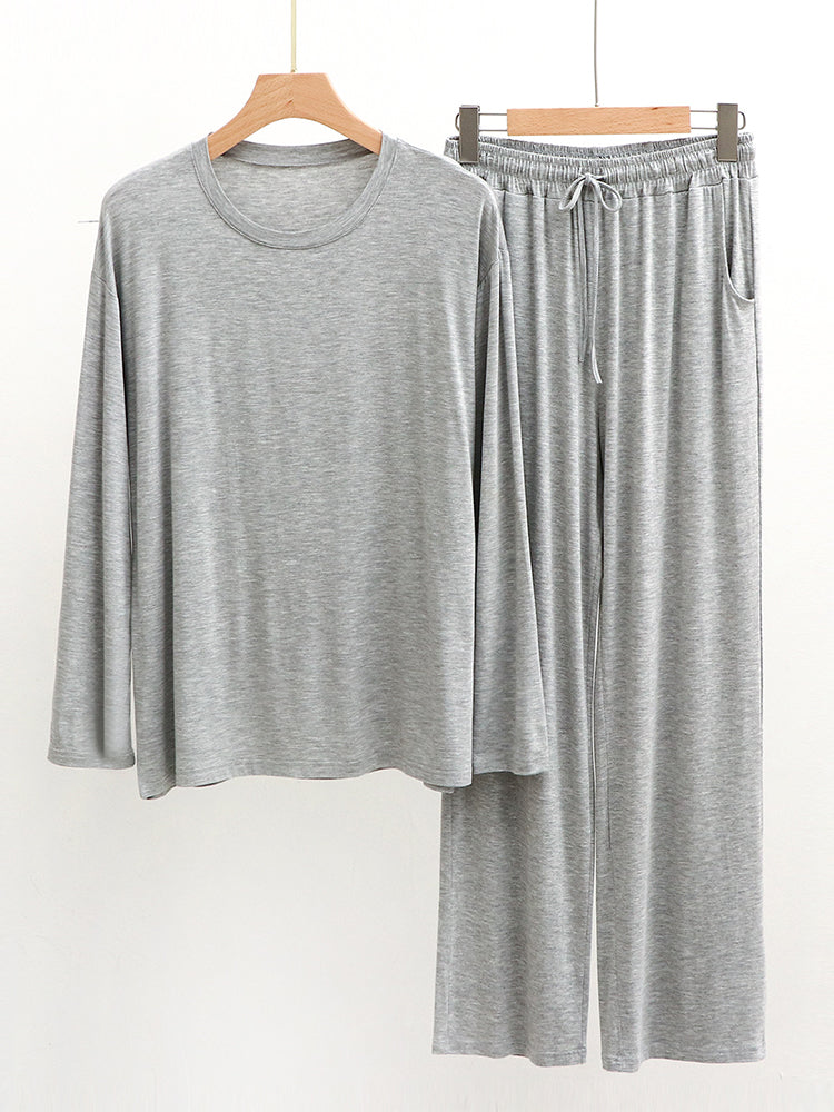 Modal Men's Long Sleeve Long Pants Pajamas | Deep Pocket Thin Plus Size Soft Breathable Loungewear