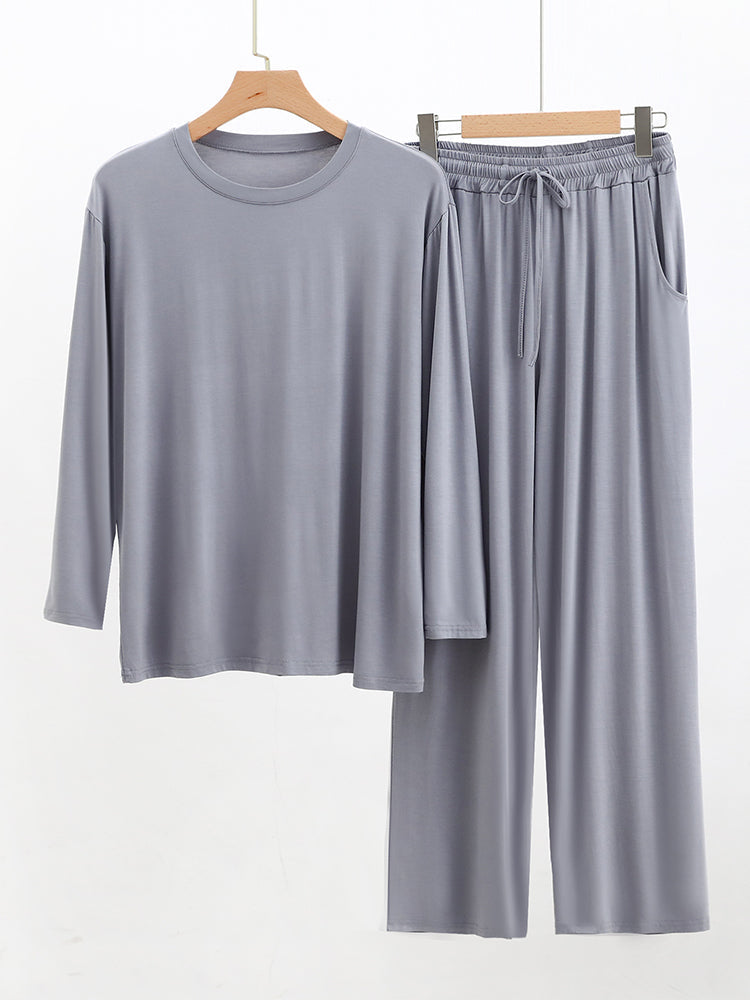 Modal Men's Long Sleeve Long Pants Pajamas | Deep Pocket Thin Plus Size Soft Breathable Loungewear