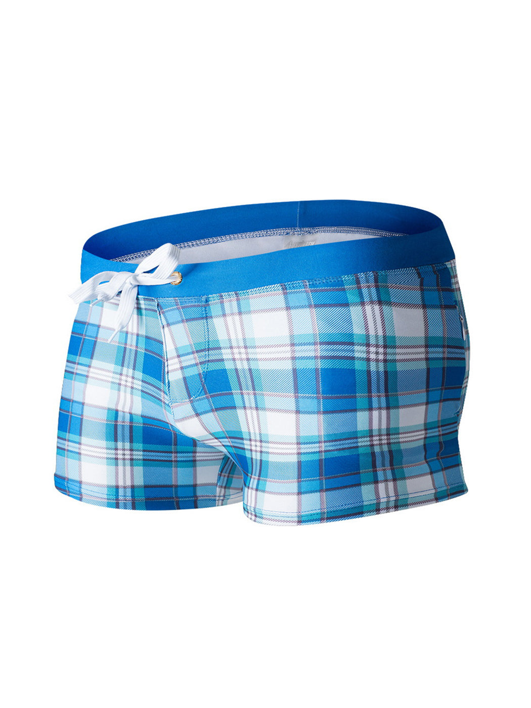 Men's Drawstring Plaid Swim Shorts With Pockets