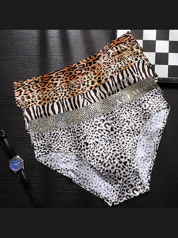 3 Pack ALLMIX Men's 3D Pouch Sexy Leopard Print Ice Silk Briefs