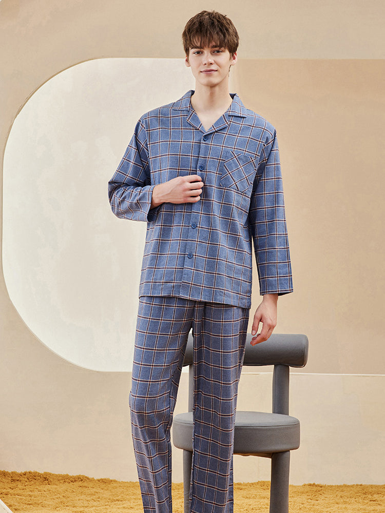 Men's Long Sleeve Woven Brushed Cotton Pajama Set