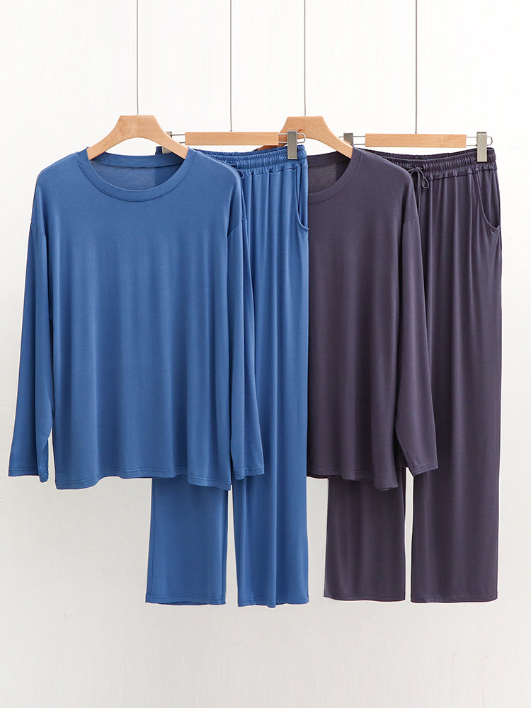 Modal Men's Long Sleeve Long Pants Pajamas | Deep Pocket Thin Plus Size Soft Breathable Loungewear