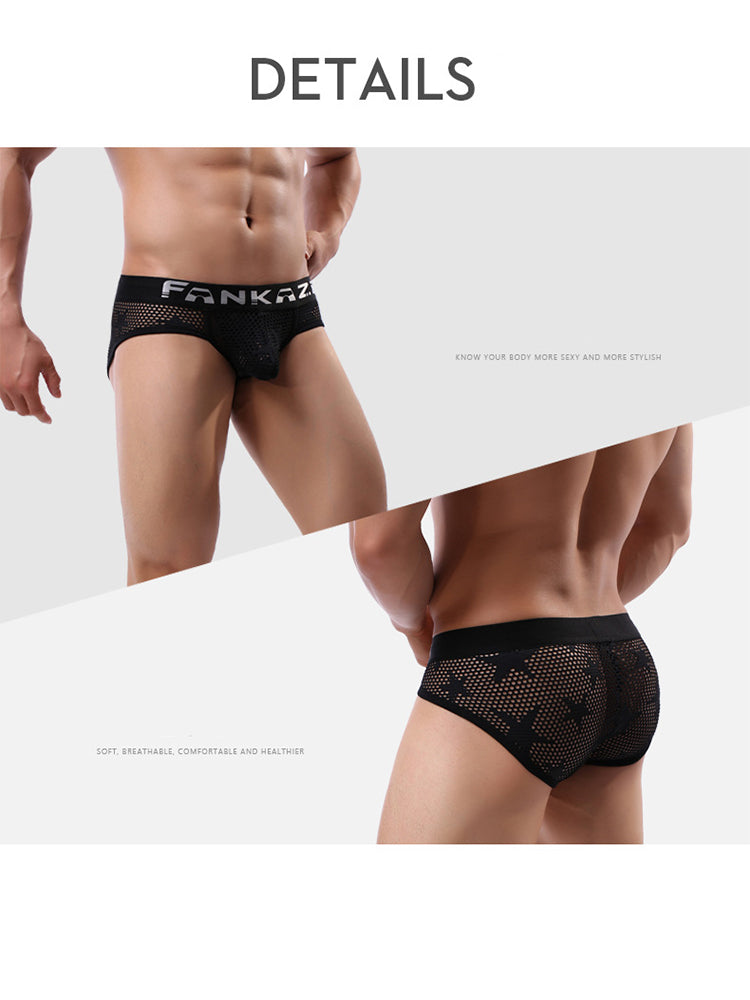 3枚組メンズセクシースターメッシュ通気性中空U字凸ポーチブリーフ