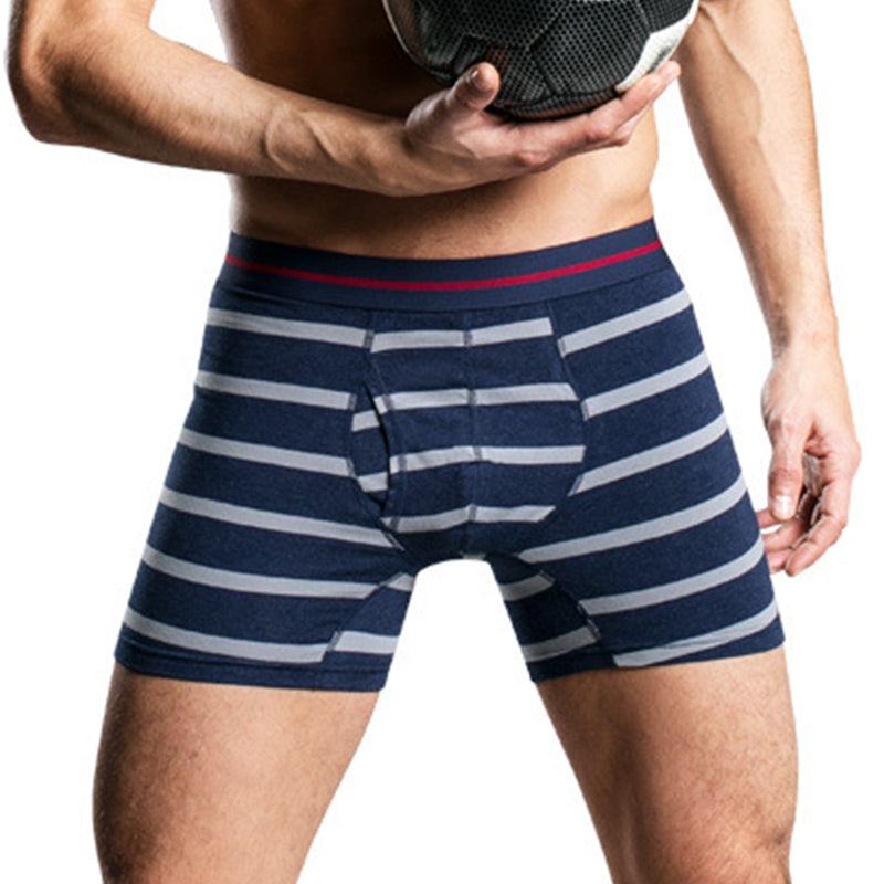 Men's Cotton Striped Boxer Brifs Fly Front with Pouch