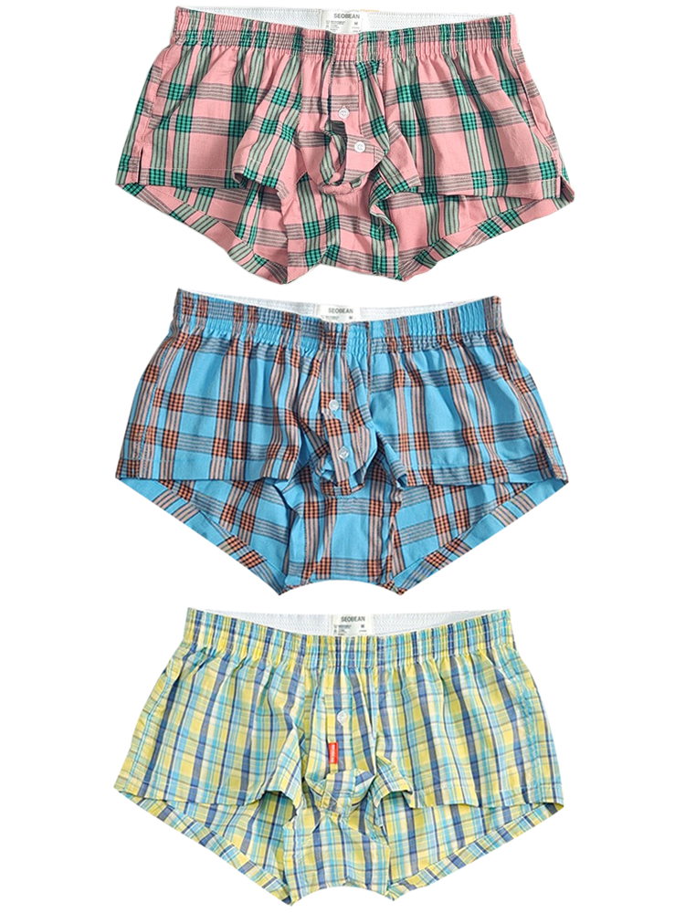 3 Pack Men's Plaid Cotton Trunks with Button Fly