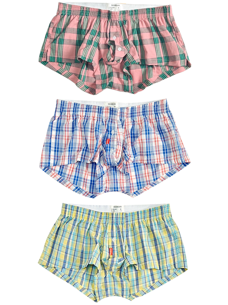 3 Pack Men's Plaid Cotton Trunks with Button Fly