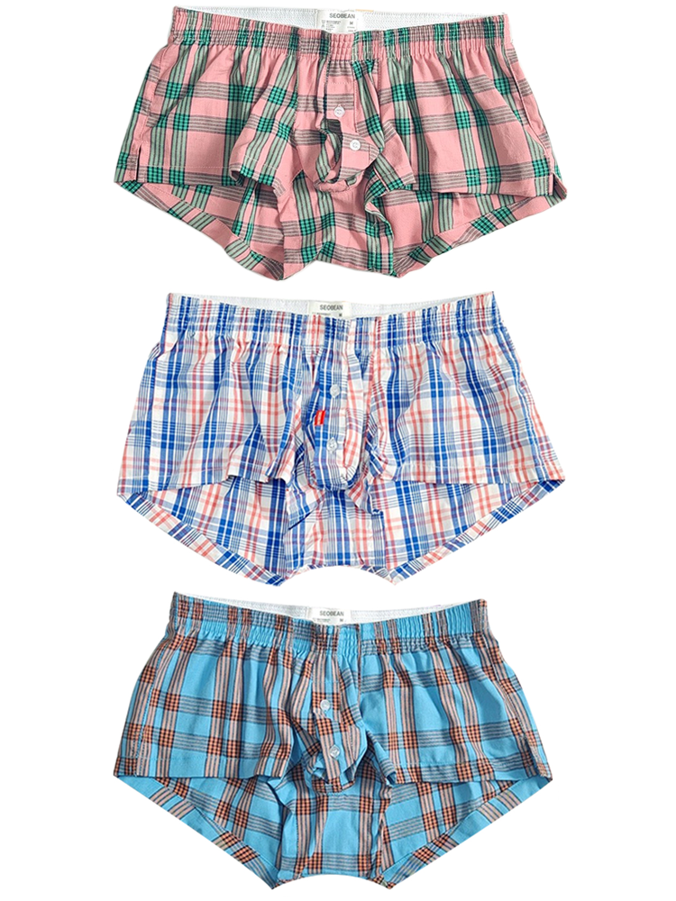 3 Pack Men's Plaid Cotton Trunks with Button Fly