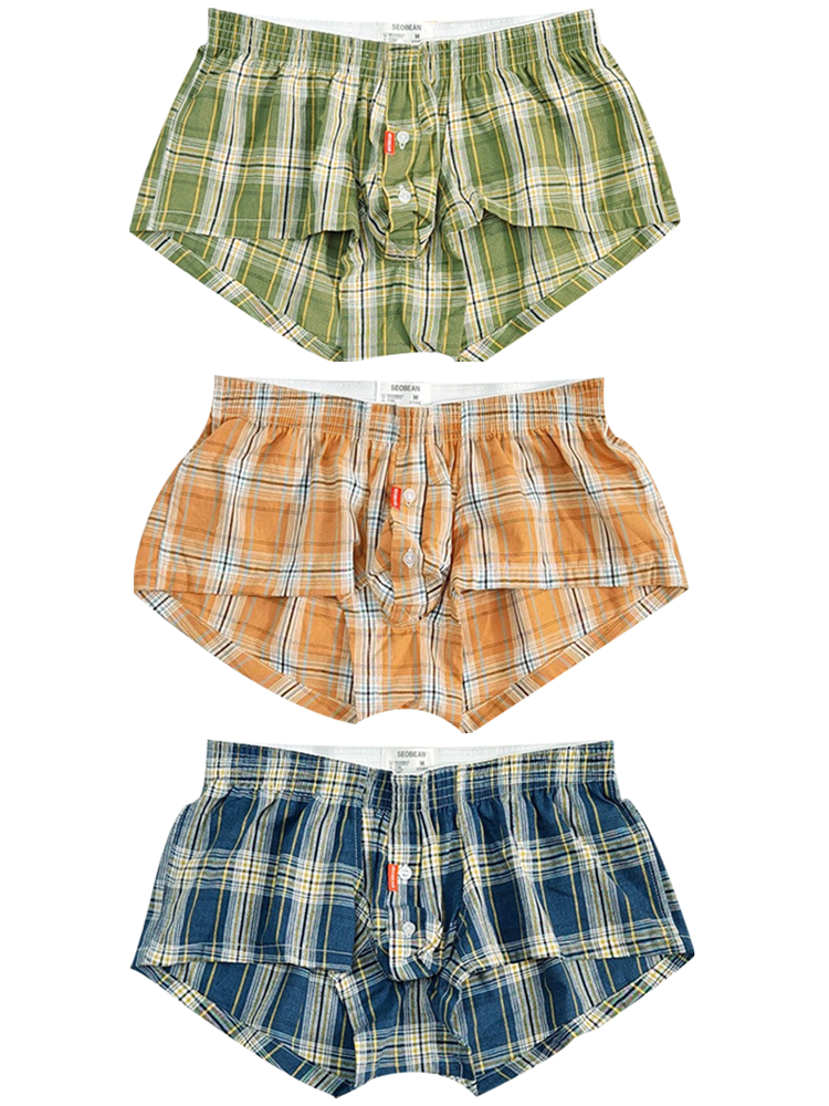 3 Pack Men's Plaid Cotton Trunks with Button Fly