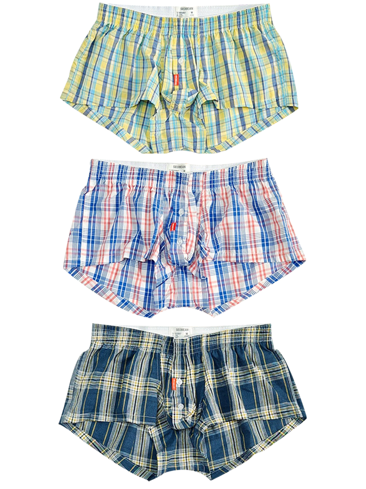 3 Pack Men's Plaid Cotton Trunks with Button Fly