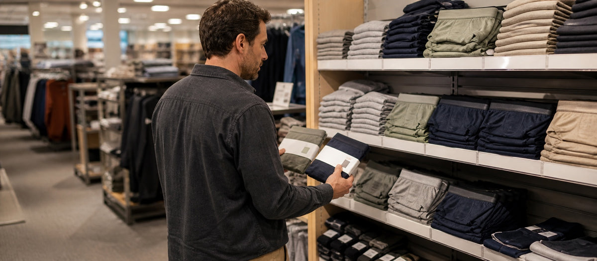 Man comparing men’s underwear fabrics and styles in a clothing store